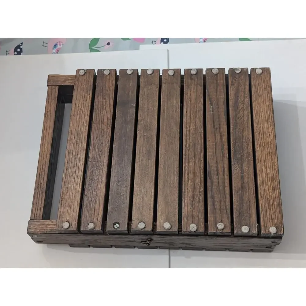 Vintage Folding Solid Wood Slatted Storage Chest Magazine Rack Rustic Decor